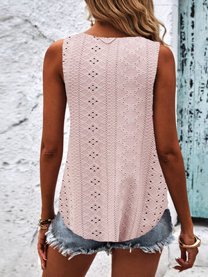 Dusty Pink eyelet tank top with crisscross detail and V-neck.