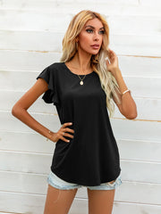 Black tee with ruffled cap sleeves and a scoop neck.