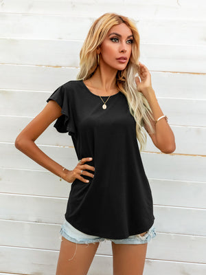 Black tee with ruffled cap sleeves and a scoop neck.