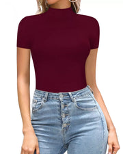 Burgundy mock neck short sleeve form-fitting bodysuit