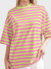 Oversized striped tee with dropped sleeves in Fuchsia Pink and Lime.