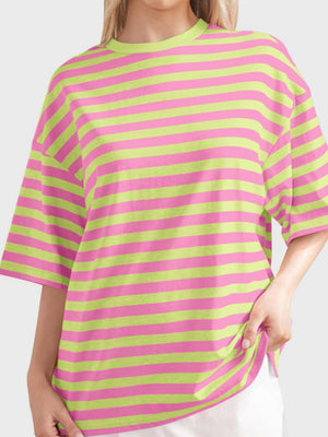 Oversized striped tee with dropped sleeves in Fuchsia Pink and Lime.