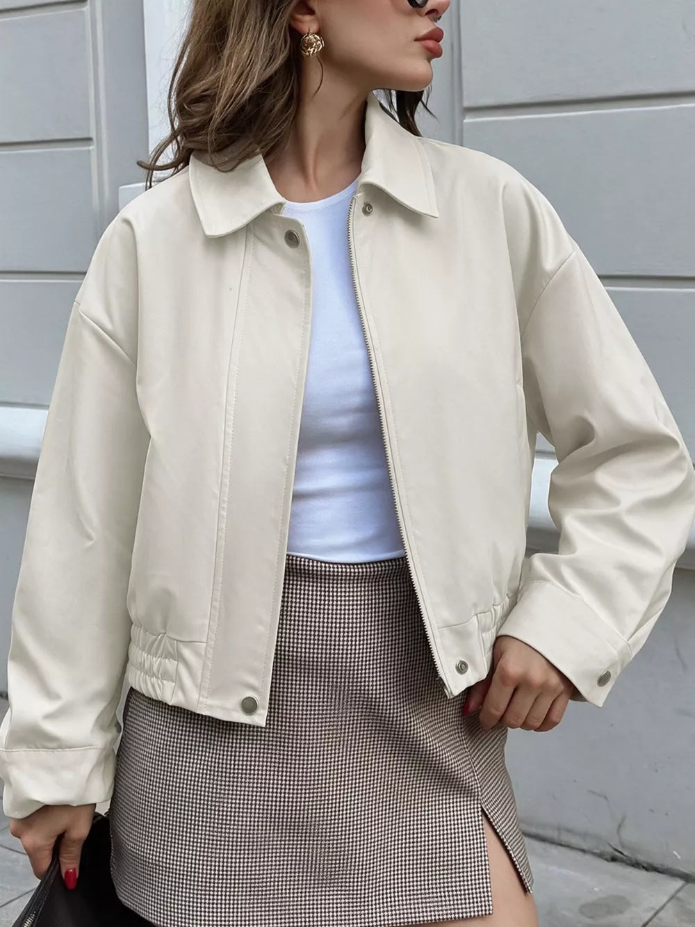 Cropped Faux Leather Jacket in White, front view