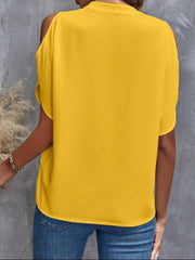 Gold open-shoulder blouse with mandarin collar and short sleeves