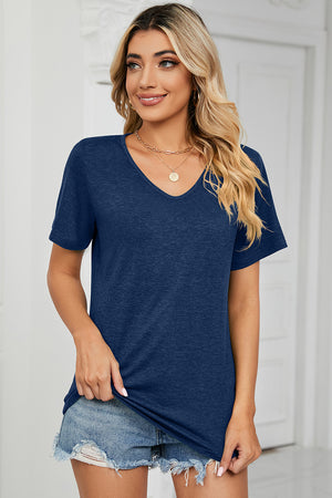 Heathered dark blue v-neck t-shirt with short sleeves.