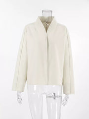 Elegant Stand Collar Open Front Outerwear in White, back view