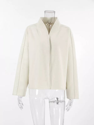 Elegant Stand Collar Open Front Outerwear in White, back view