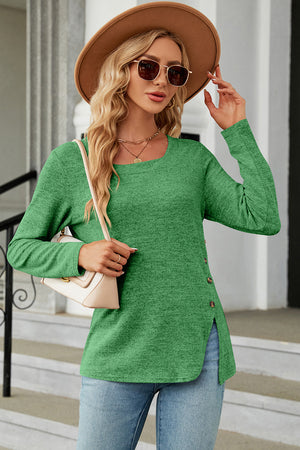 Green asymmetric square neck long sleeve top with button detail on side slit.