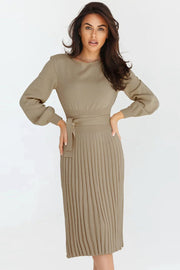 Belted knit midi dress in Khaki with long sleeves and pleated skirt