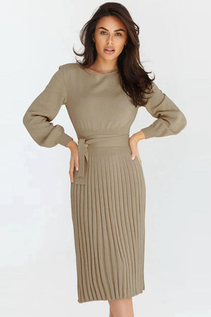 Belted knit midi dress in Khaki with long sleeves and pleated skirt