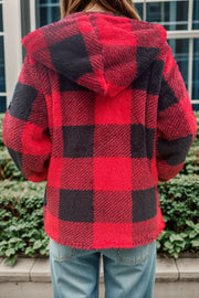 Red and black buffalo check sherpa zip-up jacket with hood.