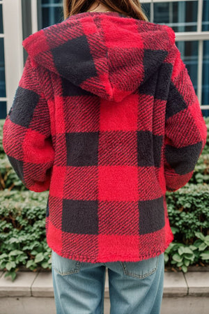 Red and black buffalo check sherpa zip-up jacket with hood.