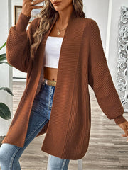 Brown ribbed knit cocoon cardigan with balloon sleeves and open front, acrylic material.