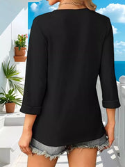 Black V-neck maternity t-shirt with 3/4 sleeves, cuffed at the hem.