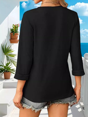 Black V-neck maternity t-shirt with 3/4 sleeves, cuffed at the hem.
