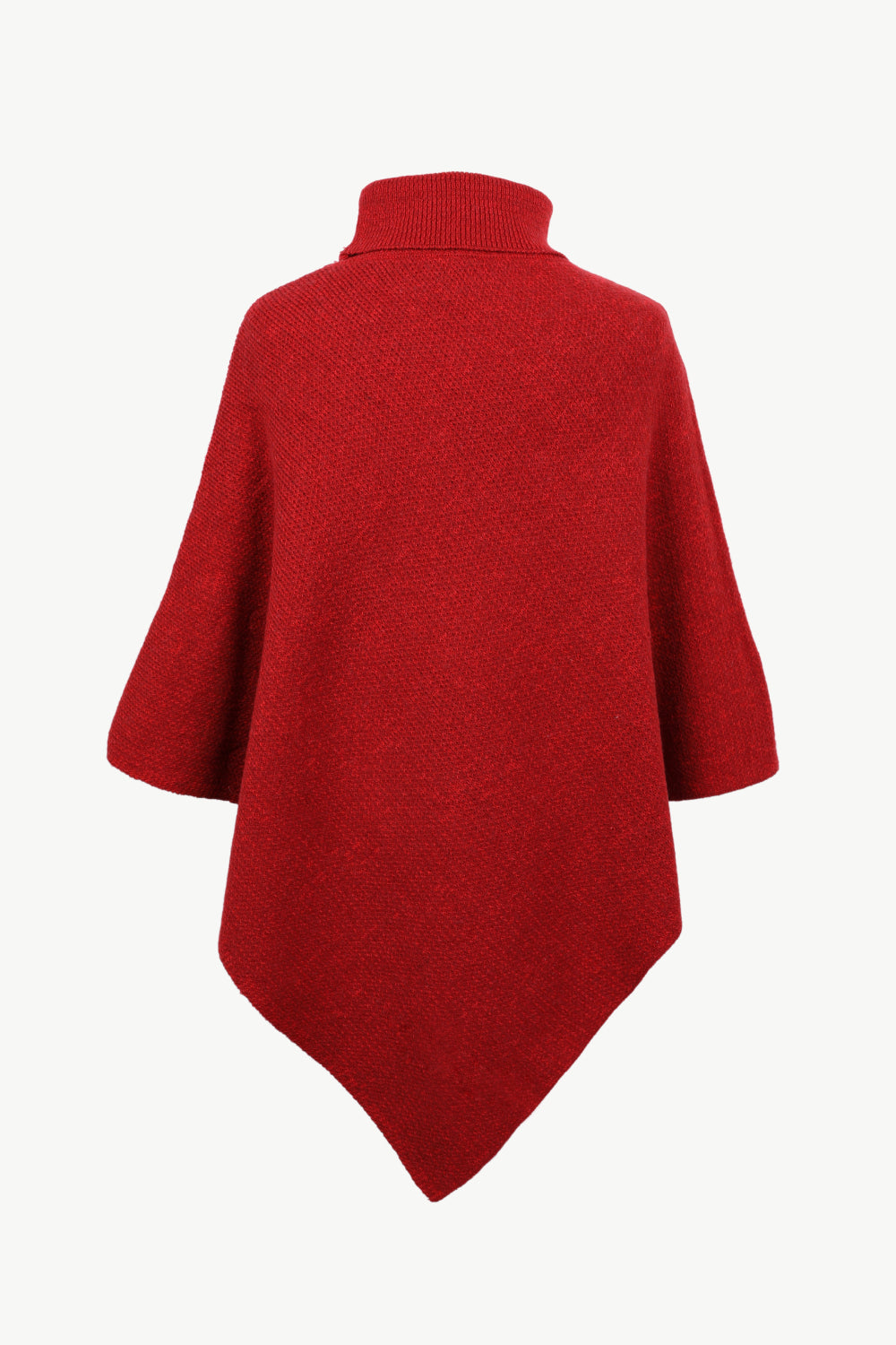 Deep Red acrylic turtleneck knit poncho with button detail and a textured weave.