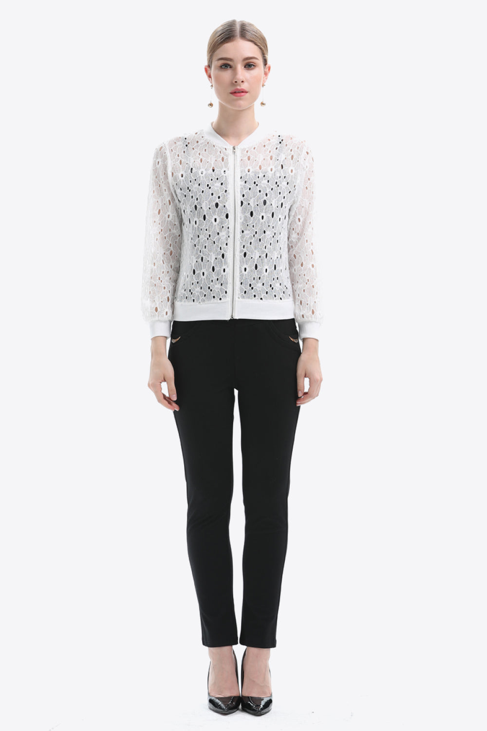 White lace-cut bomber jacket with a zip front and ribbed cuffs.