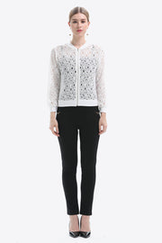 White lace-cut bomber jacket with a zip front and ribbed cuffs.