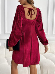 Velvet mini dress with square neckline and tie back, long puff sleeves, red