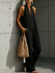Full Size Halter Neck Wide-leg Jumpsuit Plus Size, model styling view