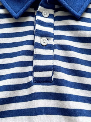 Blue and white striped baby polo shirt with two white buttons and a blue collar.