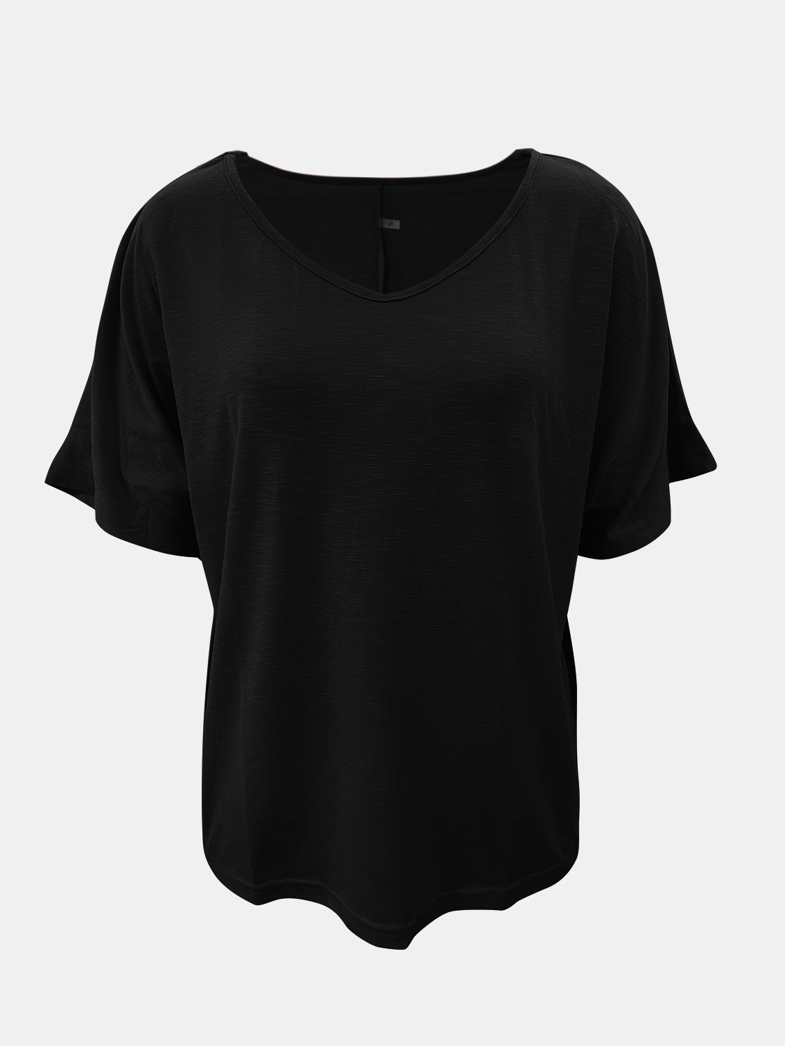 Black relaxed v-neck dolman sleeve tee with textured fabric