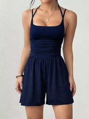 Ruched Spaghetti Strap Romper in Olive Green, alternate angle
