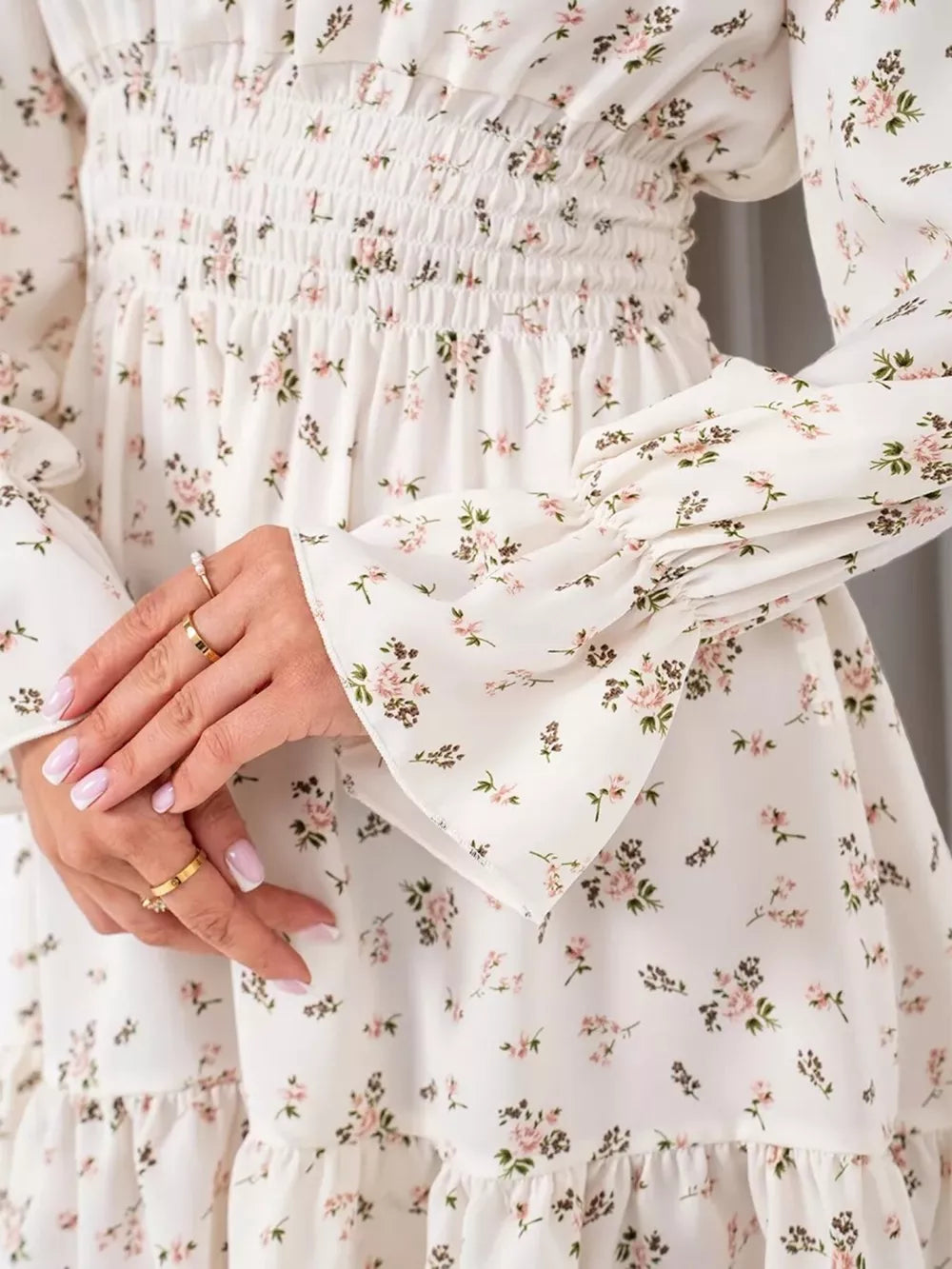 Off-shoulder Floral Ruffle Dress in Blue, fabric detail