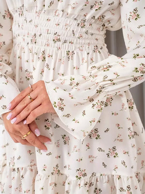 Off-shoulder Floral Ruffle Dress in Blue, fabric detail