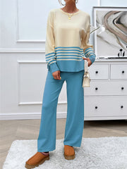 Color-blocked knit lounge set in pastel blue and tan with horizontal stripes, acrylic material, crew neck sweater and wide