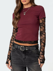 Wine red cropped t-shirt with black lace long sleeves and lace trim detail.