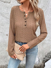Textured camel henley long sleeve top with button detail.