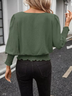 Puff Sleeve Smocked Blouse in Khaki, editorial view