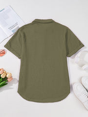 Moss waffle-knit collared shirt with short sleeves and button detail.