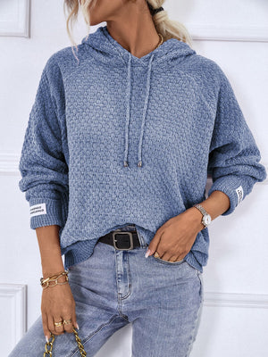 French Blue textured knit raglan sleeve hoodie with drawstring hood and cuff detail.