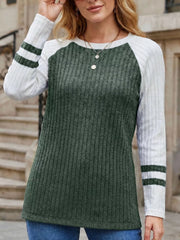 Ribbed Raglan Sleeve T-shirt in Burgundy, close-up detail