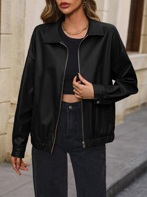 Black faux leather bomber jacket with zip front and elastic cuffs