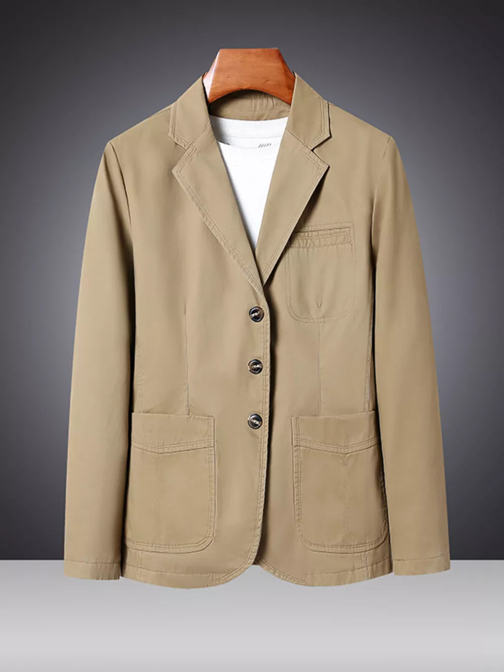 Khaki cotton lapel blazer with button closure and patch pockets.