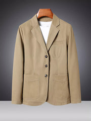 Khaki cotton lapel blazer with button closure and patch pockets.