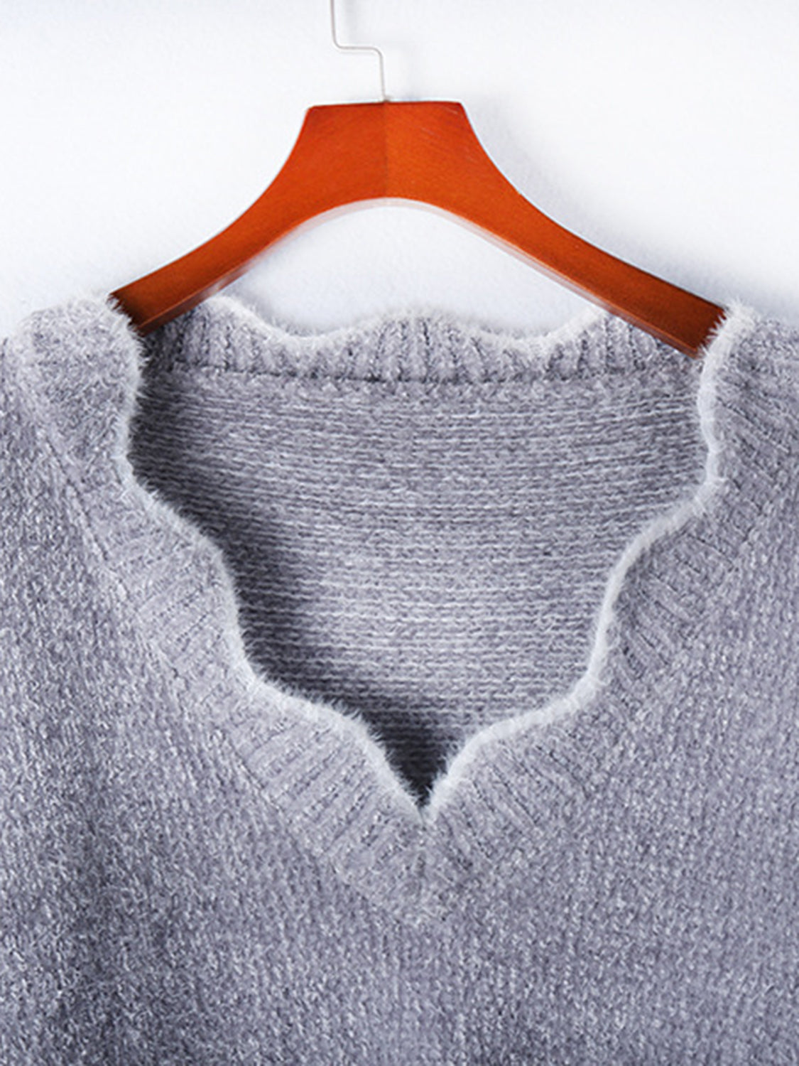 Scalloped trim V-neck sweater in acrylic, Cloudy Blue.