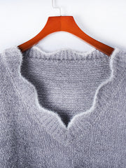 Scalloped trim V-neck sweater in acrylic, Cloudy Blue.