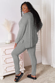 Gray knit loungewear set with V-neck top and leggings.
