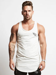 Men's white heathered racerback tank top with roundneck and subtle logo detail.
