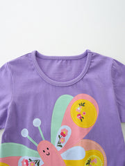 Purple cotton baby tee with a colorful butterfly applique and floral details.