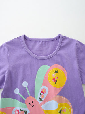 Purple cotton baby tee with a colorful butterfly applique and floral details.