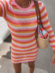 Striped Long Sleeve Crochet Knit Dress in Rose Gold, close-up detail