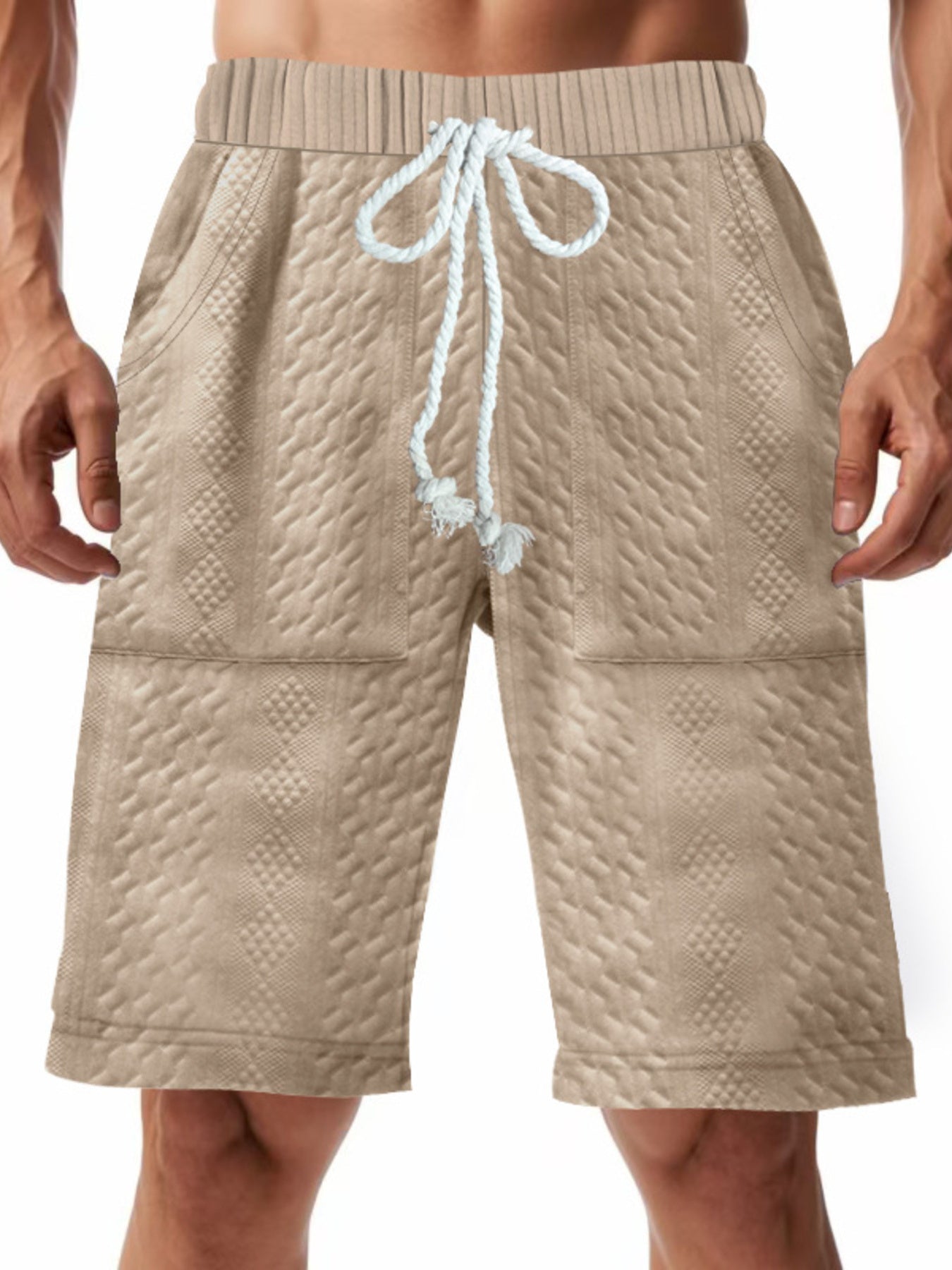 Men's khaki quilted texture drawstring chino shorts with diamond pattern detail.