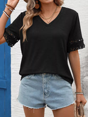 Black V-neck t-shirt with lace trim on short sleeves.
