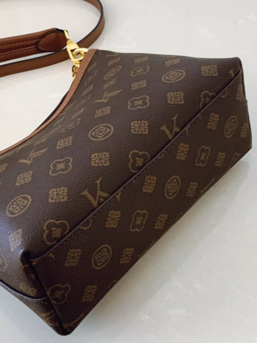 Monogram Pattern Shoulder Bag in Brown, back view