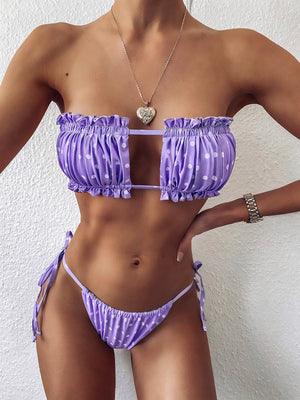 Lavender polka dot ruffle bandeau bikini set with string tie bottoms